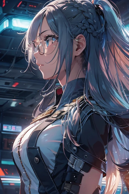 A detailed, highly-realistic anime-style movie poster featuring a young woman with long, braided green hair wearing a white military uniform, standing on the bridge of a futuristic battleship in a dramatic, sci-fi space environment, with intense lighting, vivid colors, and strong atmospheric elements, (highly detailed face and eyes:1.5), (long bangs hairstyle:1.8), red glasses, realistic 3D face, ultra-detailed, 8K, photorealistic, professional, masterpiece