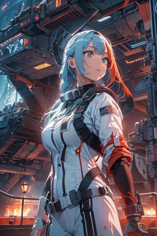 A detailed, highly-realistic anime-style movie poster featuring a young woman with long, braided green hair wearing a white military uniform, standing on the bridge of a futuristic battleship in a dramatic, sci-fi space environment, with intense lighting, vivid colors, and strong atmospheric elements, (highly detailed face and eyes:1.5), (long bangs hairstyle:1.8), red glasses, realistic 3D face, ultra-detailed, 8K, photorealistic, professional, masterpiece