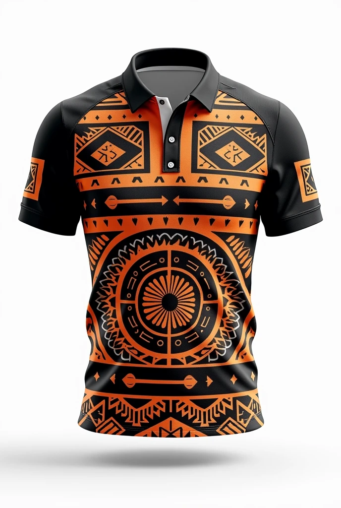 Create rugby jersey maori  tribe full  pattern black white red  retro black  orange / black collar white background front and back design side by two side  clear design using this design but back side