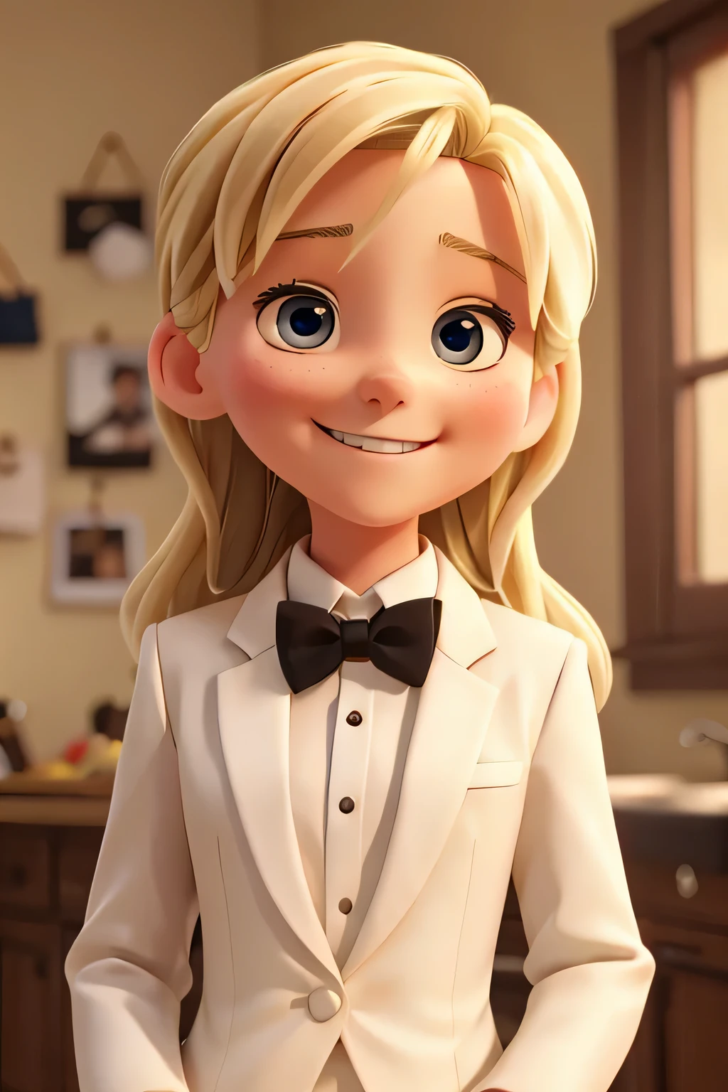 a 13 year old blond girl smiling with a white bowtie in a tuxedo