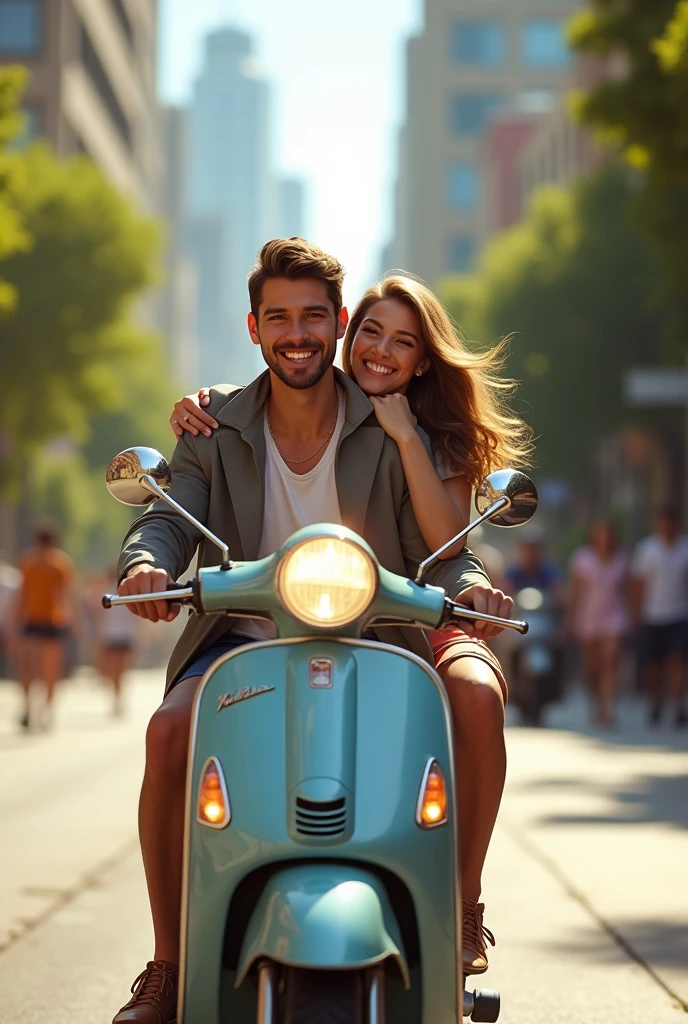 Create an image,a man talking to a woman laughing,and another white-skinned man, sitting on a black CG 160, jaded, discouraged with an easy-to-discouraged expression