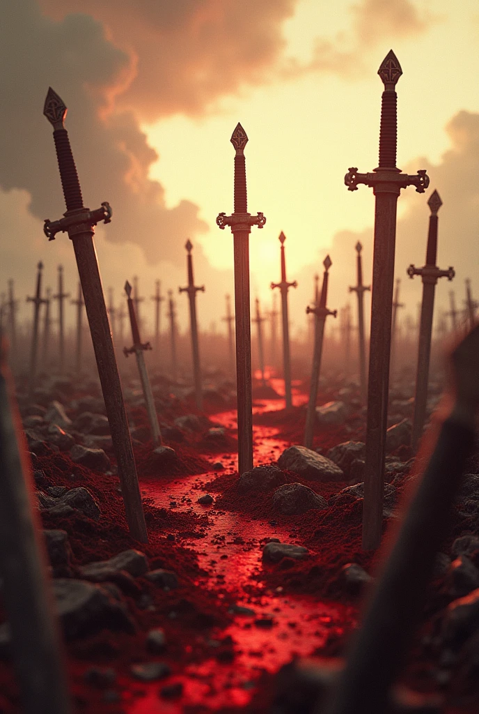 best quality,masterpiece,Ultra-high resolution,(Reality:1.4),RAW photos,War,There is blood all around,A battlefield with broken swords stuck in the ground,Style similar to Attack on Titan,Don't add characters