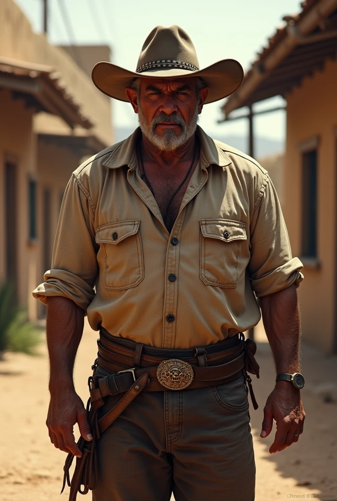 Man with a bad face, medium build and strong look, age 40 years old, wearing Mexican clothing