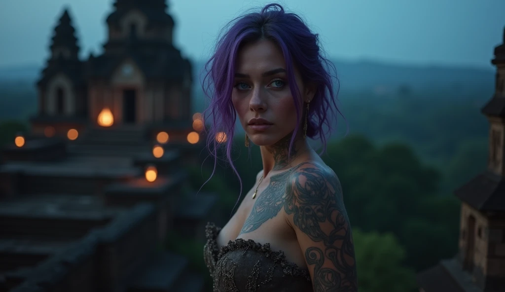 tatuados,Very beautiful big breasts、(dress)(H-Cup Bust),(Back tattoo、Many tattoos on both arms and neck)、 (Late night at Sigiriya Rock in Sri Lanka - Ancient royal palace ruins built on the lion&#39;s rock),Candlelight only,Very detailed, 2, A beautiful woman,Depressed face, Purple Hair,Medium Wavy Hair, blue eyes, High resolution, masterpiece, Highest quality, Intricate details, Very detailed, Clear focus, Delicate skin, practical skin texture, texture, Delicate eyes, Professional, 8k, Sad face,despair、 Shot with Canon, 85mm, Shallow and deep, Kodak Vision Color, Exactly, Very detailed, photograph_\(Extremist\), photographpractical, practical, Post-processing, Maximum details, Roughness, Real Life, Extremist practical, Photorealism, photographgraphy, 8k ウルトラ HD, photographgraphy