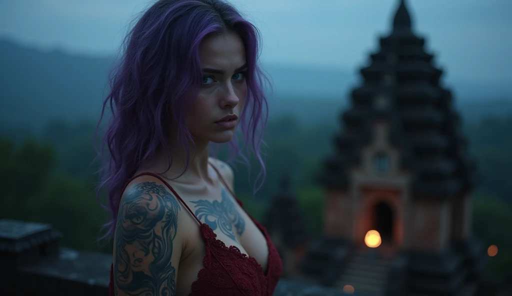 tatuados,Very beautiful big breasts、(dress)(H-Cup Bust),(Back tattoo、Many tattoos on both arms and neck)、 (Late night at Sigiriya Rock in Sri Lanka - Ancient royal palace ruins built on the lion's rock),Candlelight only,Very detailed, 2, A beautiful woman,Depressed face, Purple Hair,Medium Wavy Hair, blue eyes, High resolution, masterpiece, Highest quality, Intricate details, Very detailed, Clear focus, Delicate skin, practical skin texture, texture, Delicate eyes, Professional, 8k, Sad face,despair、 Shot with Canon, 85mm, Shallow and deep, Kodak Vision Color, Exactly, Very detailed, photograph_\(Extremist\), photographpractical, practical, Post-processing, Maximum details, Roughness, Real Life, Extremist practical, Photorealism, photographgraphy, 8k ウルトラ HD, photographgraphy