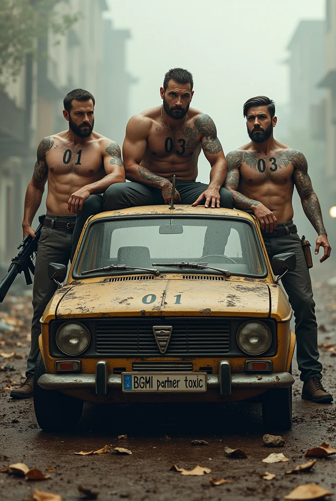 Generate a picture of 3 men  . They have their number tatoo on their chest. The leader number is 01 and other three number are 03 , 08 respectively . All numbers tatoo should clearly visible. The main leader are sitting on a old blue dacia car  . One of them is standing at left side of car and other one is on right side with m416 gun. BGMI PARTNER TOXIC are printed on the car number plate .This are are situated in infected area.