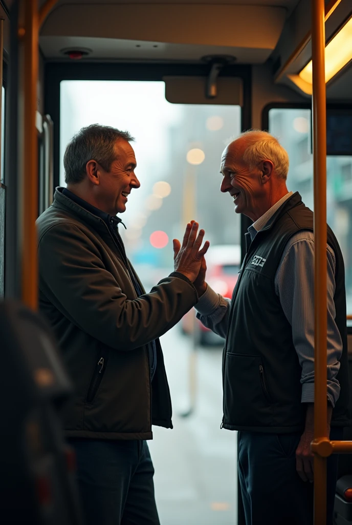 A passenger thanking and saying goodbye to the bus driver from the bus exit door.