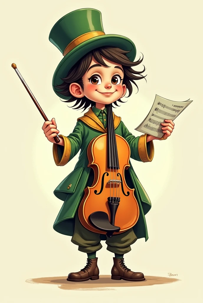 
Tonico is a little maestro, metade humano, half instrument. Its lower part is a violin body, but with arms and legs, while the upper part has a friendly and expressive face, with hair that resembles guitar or piano strings. He holds a baton in one hand and a sheet of music in the other., always ready to teach or play a new melody. His outfit is a mix of colors that refer to IFRN (green and white) and wears a stylized hat, like those of orchestra musicians.

