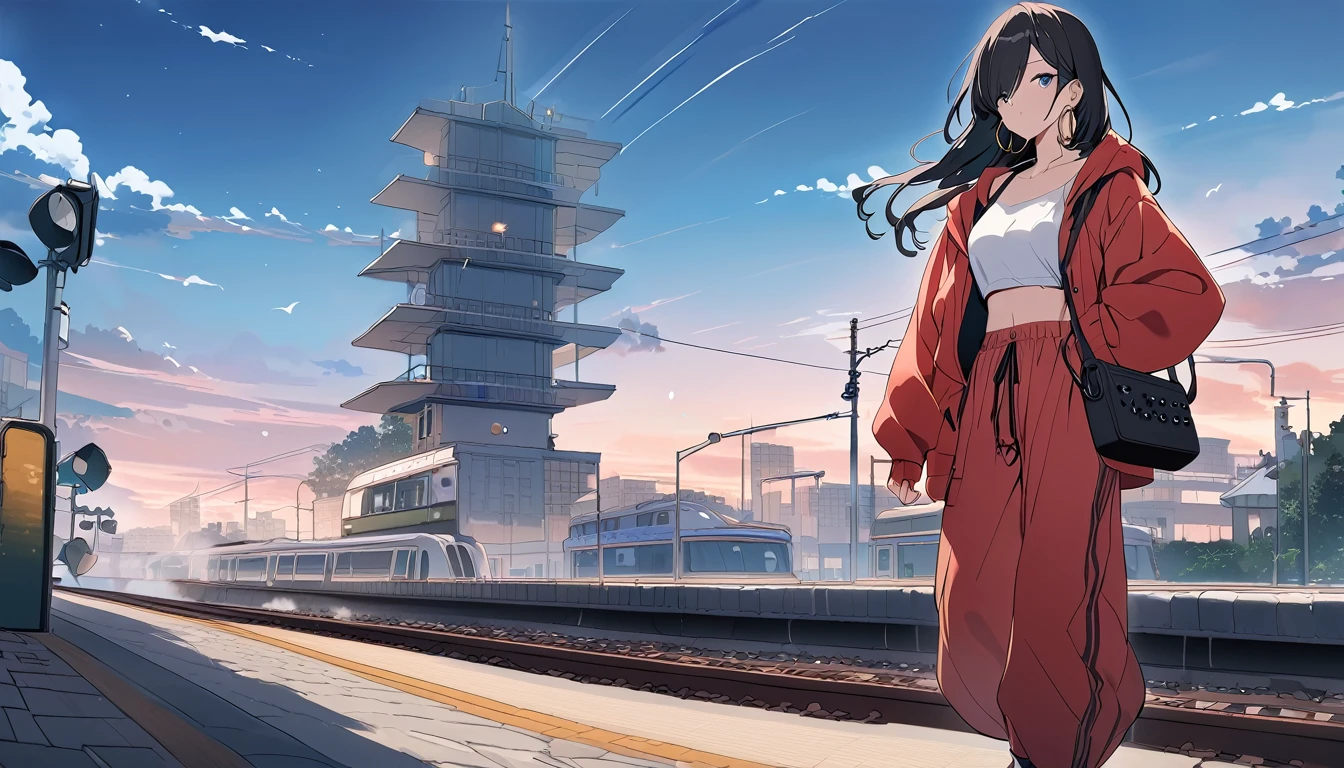 (best quality), ((masterpiece)), (highres), illustration, original, extremely detailed, 1girl, headphones, solo, Electric guitar Amplifile Guitar, sky background, midriff, pants, blue eyes, hair over one eye, simple background, shoes, black hair, long hair, hood, full body, red jacket, looking at viewer, hoodie, sneakers, hoop earrings, crop top, red pants, standing, jacket, baggy pants, there is a train crossing on the tracks near the ocean, traffic light, beautiful anime scene, ( ( makoto shinkai ) ), anime landscape, beautiful anime scenery, anime movie background, makoto shinkai. —h 2160, makoto shinkai cyril rolando, anime beautiful peace scene, anime background art, anime scenery, anime background, colorful anime movie background