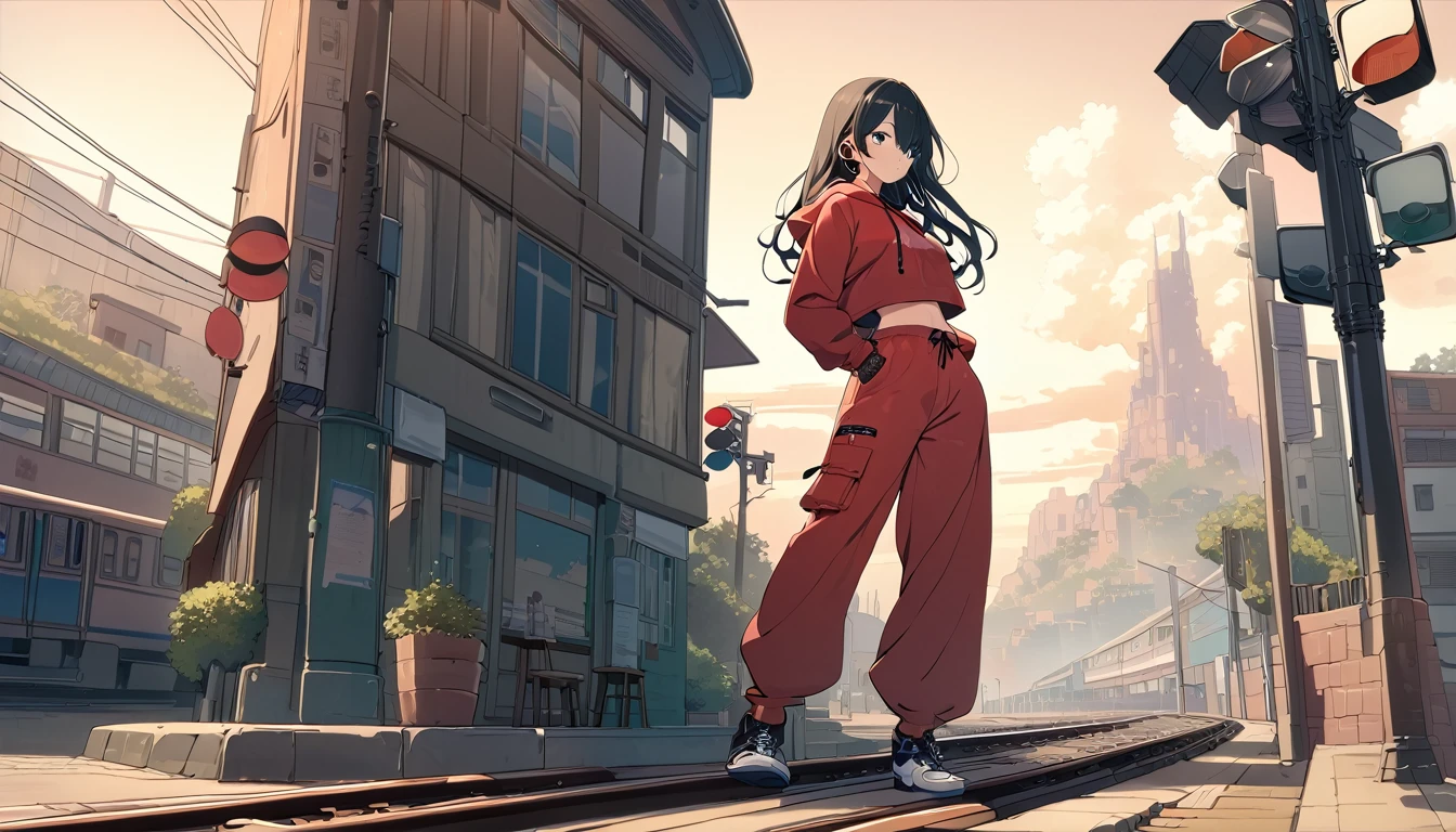 (best quality), ((masterpiece)), (highres), illustration, original, extremely detailed, 1girl, headphones, solo, Electric guitar Amplifile Guitar, sky background, midriff, pants, blue eyes, hair over one eye, simple background, shoes, black hair, long hair, hood, full body, red jacket, looking at viewer, hoodie, sneakers, hoop earrings, crop top, red pants, standing, jacket, baggy pants, there is a train crossing on the tracks near the ocean, traffic light, beautiful anime scene, ( ( makoto shinkai ) ), anime landscape, beautiful anime scenery, anime movie background, makoto shinkai. —h 2160, makoto shinkai cyril rolando, anime beautiful peace scene, anime background art, anime scenery, anime background, colorful anime movie background
