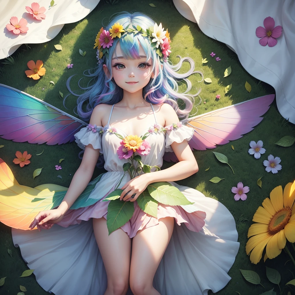 cute little fairy rainbow hair rainbow transparent wings flowers leaves clothes made of leaves flowers flower crown big flower light sunshine big flower leaves gently smiling
