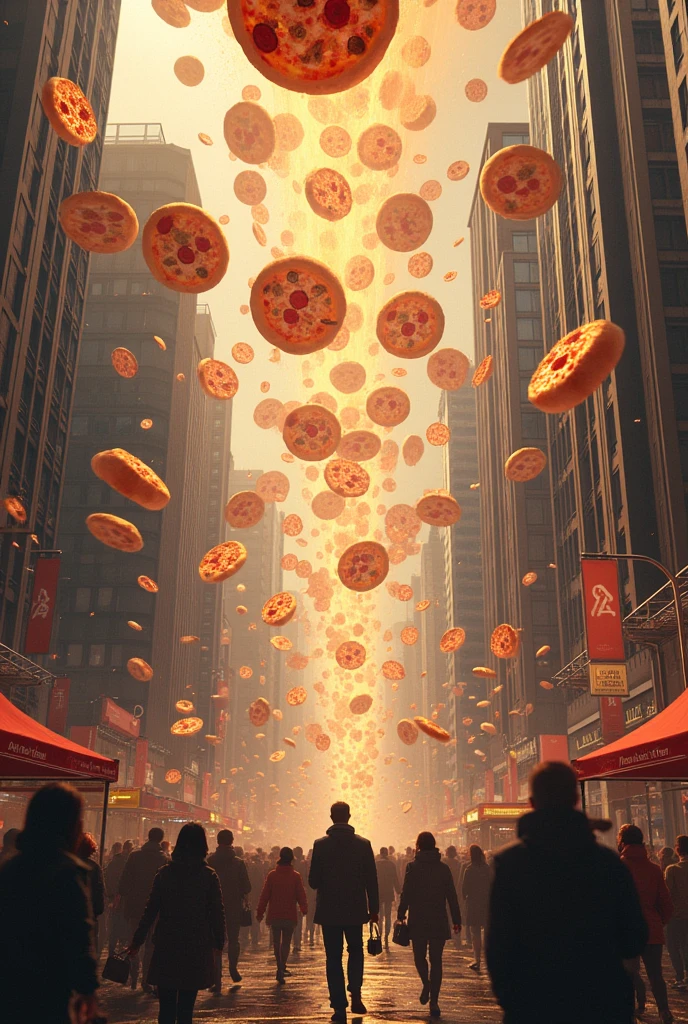 Une pluie de pizza tombant de partout du ciel comme de la pluie dans une ville