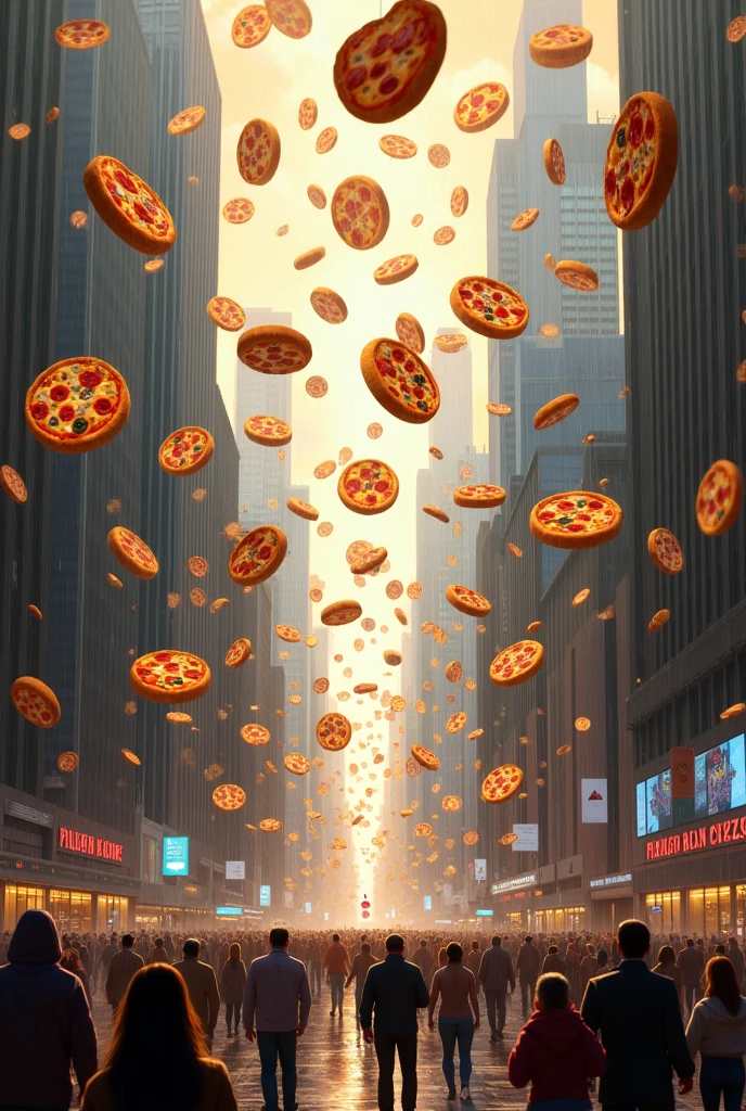 Une pluie de pizza tombant de partout du ciel comme de la pluie dans une ville