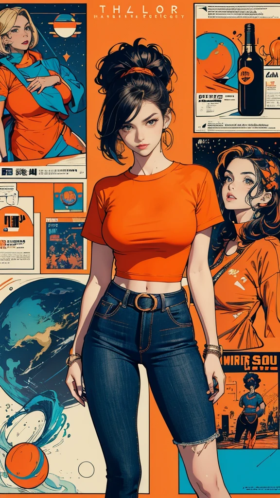 ((masterpiece, Highest quality)), (((whole body :1.5))), 32K Wallpapers, Very detailed, Poster, Vintage science fiction, 1960s,(((geometric cinematic movie Poster))), (Bauhaus), shape,Abstract, Midcentury Modern, movie Poster, Vintage, Perfect Lady,1970s,Halftone,Speech bubble,(((portfolio,close))), Tall and straight blonde mature girl, Sexy, Medium Neck, He is wearing a plain, tight orange short-sleeved U-neck T-shirt, She completely exposed her midsection, She is wearing jeans, she wears a large orange belt with a red heart-shaped buckle, beautiful abdomen, Beautiful thighs, Long and slender thighs, A pose that makes it appear as if you are facing forward with your hands on your hips, whole body
