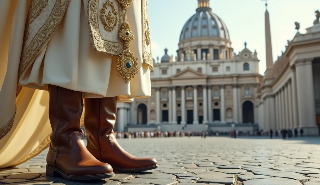 Scene set in St. Peter's Square in the Vatican. The focal point of this image is the brown no laces ankle boots the Pope is wearing. White clothes and highly ornately decorated outfit with papal insignia. The background is St. Peter's Square in the Vatican. The scene captures the moment of religious significance and the historical and artistic richness of St. Peter's Square. Ultra-realistic photo, 16k, ultra high resolution, photorealistic, Ultra HD.