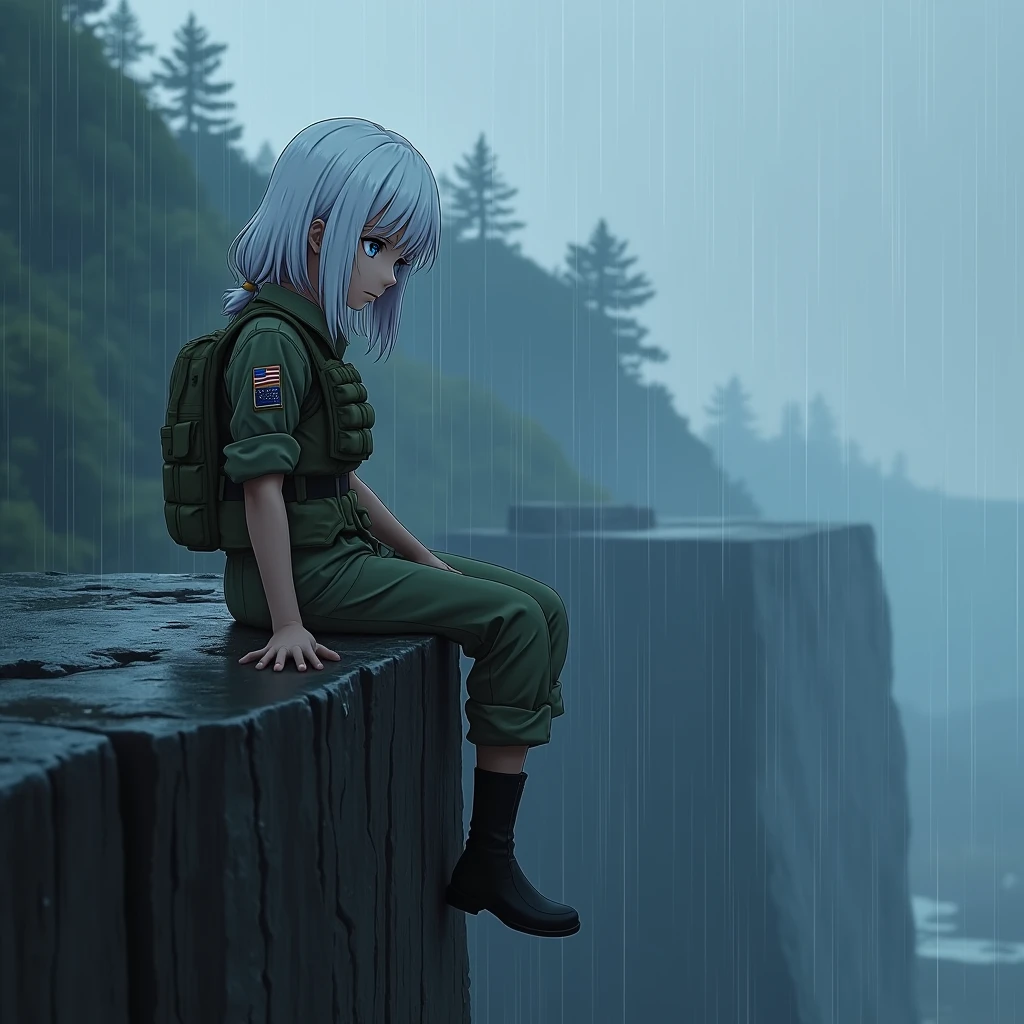 Girl, white hair, blue eyes, US military outfit, bulletproof vest, no helmet, sad, sitting at cliff, rain, anime