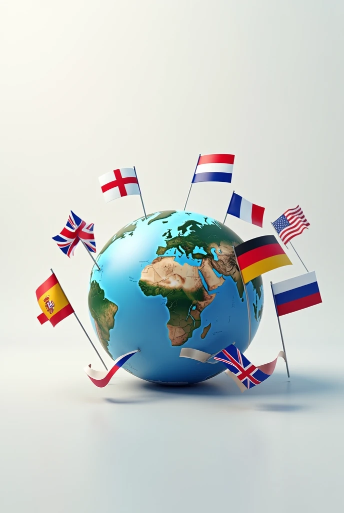 generate me an image with the english flag, American, espagnol, Portuguese, French, german, Dutch and Russian floating around a globe  