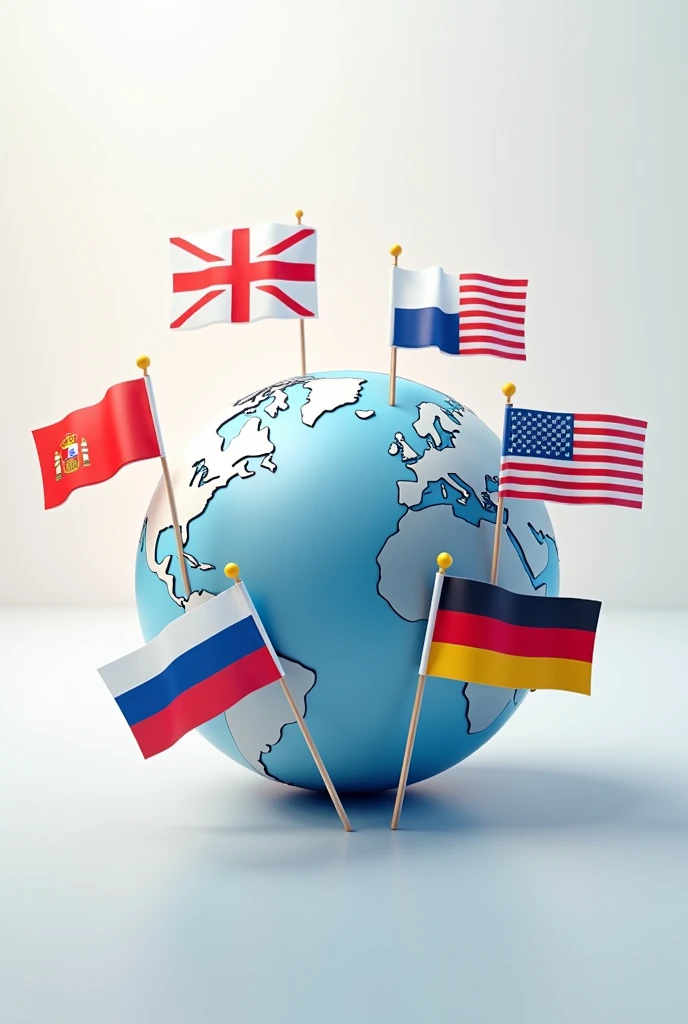 generate me an image with the english flag, American, espagnol, Portuguese, French, german, Dutch and Russian floating around a globe