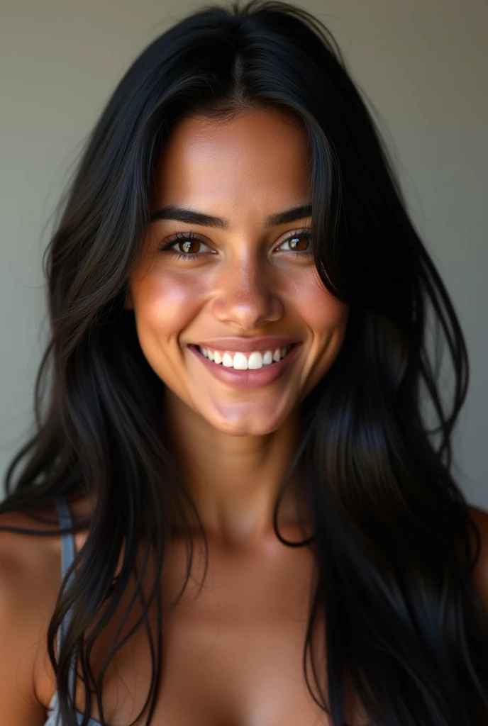(photorealism: 1.2), Brazilian woman, long straight black hair, brown eyes, smiling, tanned, age 20-25, front view photo