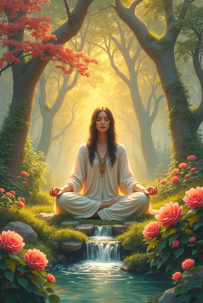 Imagine a serene, mystical garden, bathed in a soft golden glow, resembling ancient illuminated manuscripts. In the heart of this scenery, there's a figure sitting in a meditative state, encircled by vibrant blossoming flowers and gently babbling streams of water. The scene is portrayed through a tilt-shift lens, bringing about an otherworldly, dreamlike ambience and highlighting the spiritual aspect of the journey. The artistry is a blend of digital art and glowing airbrush techniques, giving the visualization an alive feel with bright colors and fine details. This image should evoke a profound feeling of tranquility, enlightenment, and respect for the spiritual journey conveyed in ancient holy texts.