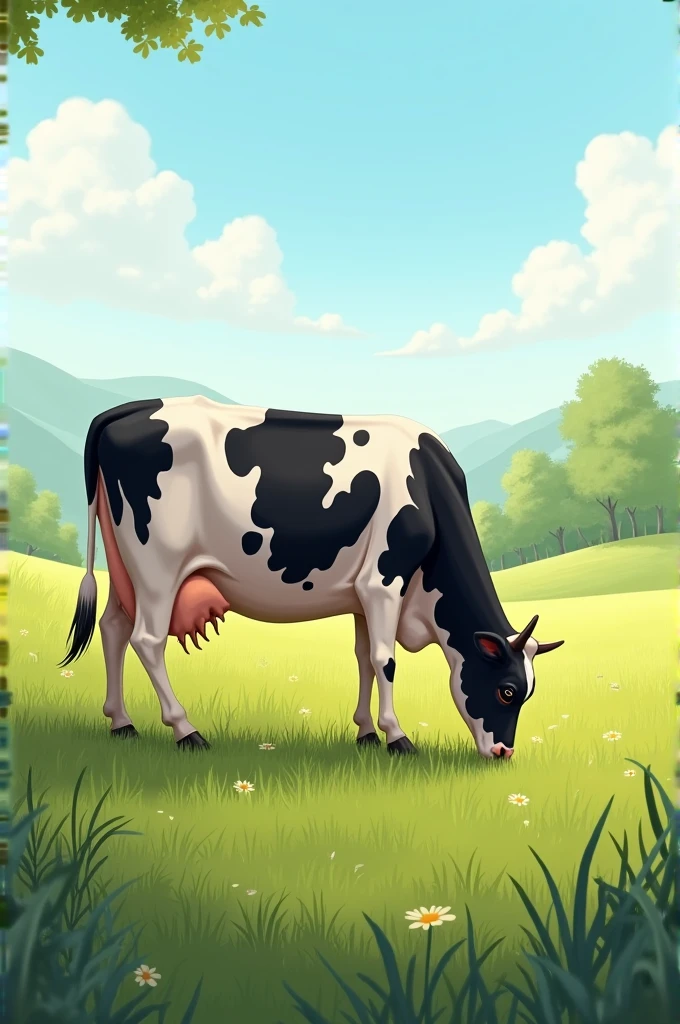 illustration, cow in field eating grass