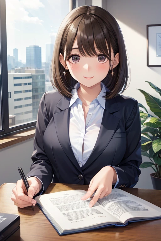 anegasaki nene、Shiny brown hair, short hair, (Beautiful brown eyes、Sparkling eyes, Fine grain)、smile、Ultra-detailed eyes、Highly detailed face, Highly detailed eyes,Cowboy Shot、



In an office environment、A young woman in a black business suit and white shirt is standing and smiling。
The employee ID card is hanging from his chest..、In the background、Desk and office window with city view。。Bright lighting and green plants in the office brighten the mood.、Be professional yet friendly。