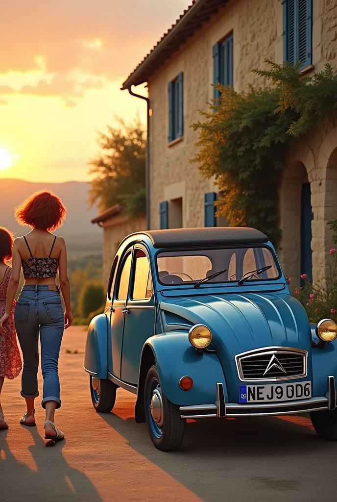 Old blue Citroën 2cv, standing next to the rustic house in Provence. 25 year old girl, redheadwear, short-hair,wearing very tight jeans and cropped, pass by it, curious and amazed, commenting with his little sister, with flower dress. sunset