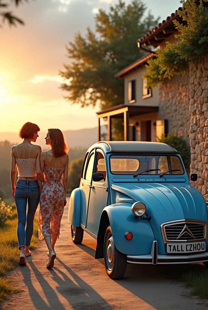 Old blue Citroën 2cv, standing next to the rustic house in Provence. 25 year old girl, redheadwear, short-hair,wearing very tight jeans and cropped, pass by it, curious and amazed, commenting with his little sister, with flower dress. sunset