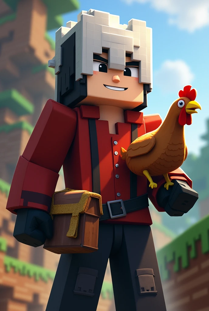 I want a manicraft character with white hair with black hair and a red shirt and black gloves and he is male with a bag on his waist and a chicken on the side and he is holding a roasted chicken from minecraft and the minecraft backgrounds. With black boreda and straight hair
