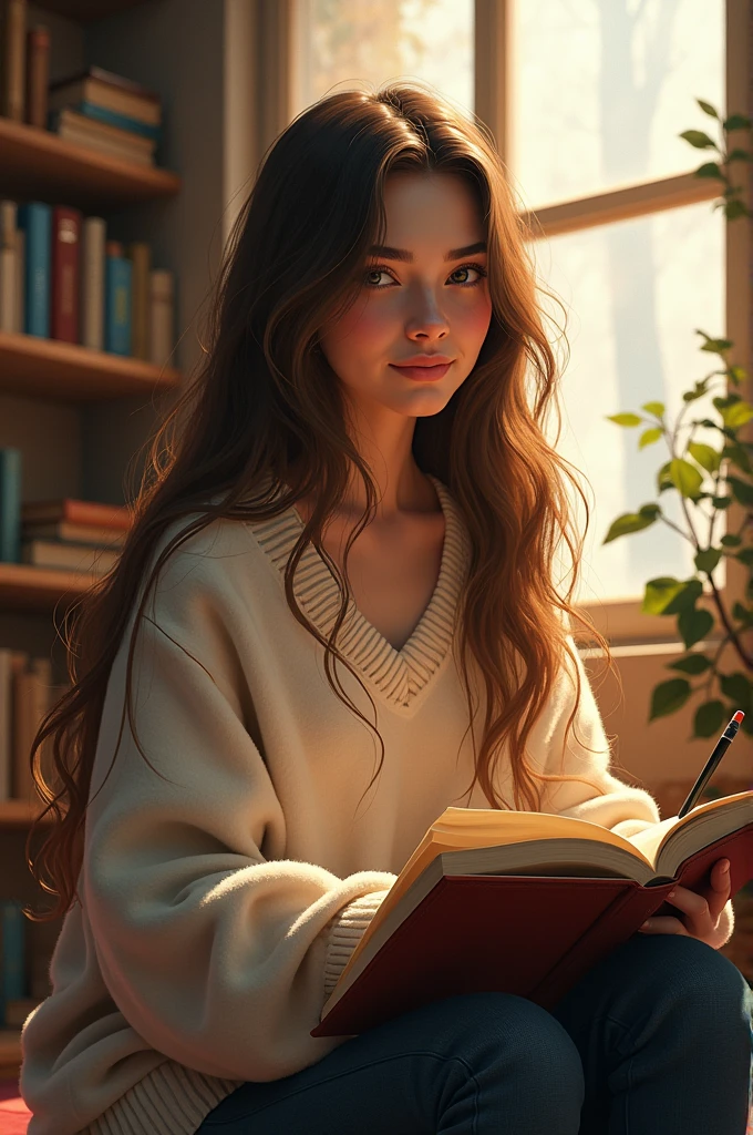 A portrait of a young woman with a shy and introverted demeanor, sitting in a cozy room filled with books and sketchpads. She has long, flowing hair and is wearing a comfy sweater. The lighting is soft and warm, casting a gentle glow on her face. She’s holding a book in one hand and a pencil in the other, with a faint, thoughtful smile. The background shows a window with soft sunlight streaming in, adding a peaceful vibe to the scene.