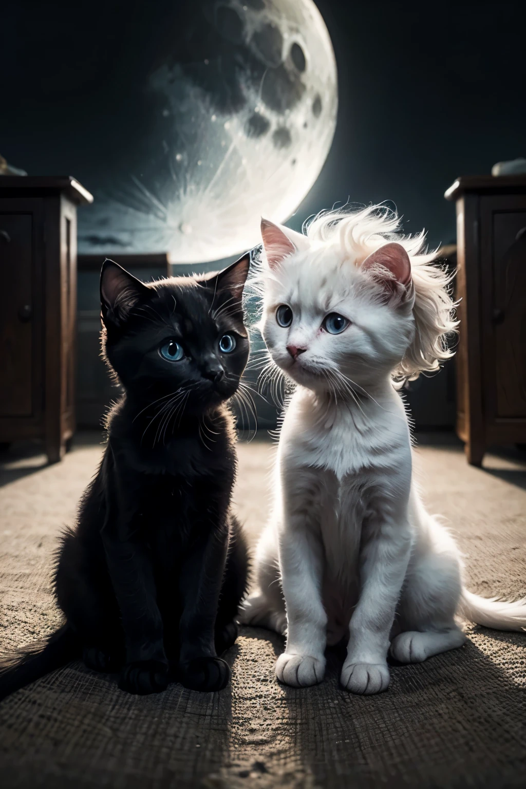 A black kitten and a white kitten next to each other looking at the moon