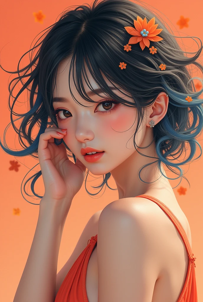((masterpiece)), ((Highest quality)), (Portrait of a beautiful girl), Eye for perfect detail, Face in perfect detail, Very elaborate nose, Open your mouth, Radom Color Shorts, Perfect Teeth, Exposing shoulders, Charm, Perfect Face, Dimples on cheeks, Depth of written boundary, High resolution, ((Realistic skin texture)), (Well-proportioned hands), Thin lips, Random color hair, Floating multicolored hair, Narrow waist, Orange pastel background、Swimwear、Japanese