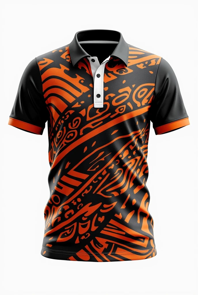 Create rugby jersey maori tribe full pattern black white red retro black orange / black collar white background front and back design side by two side clear design using this design but back side