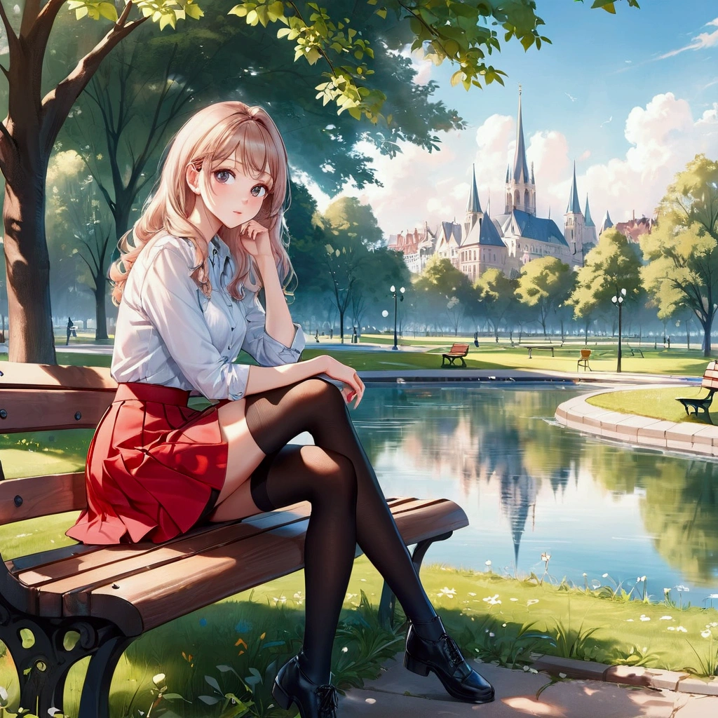 there is a woman sitting on a bench in a park, wearing skirt and high socks, with a red skirt, thighhighs and skirt, in a city park, casual pose, with a park in the background, style of julia razumova, in a park, in the park, at the waterside, sitting at a pond, ekaterina