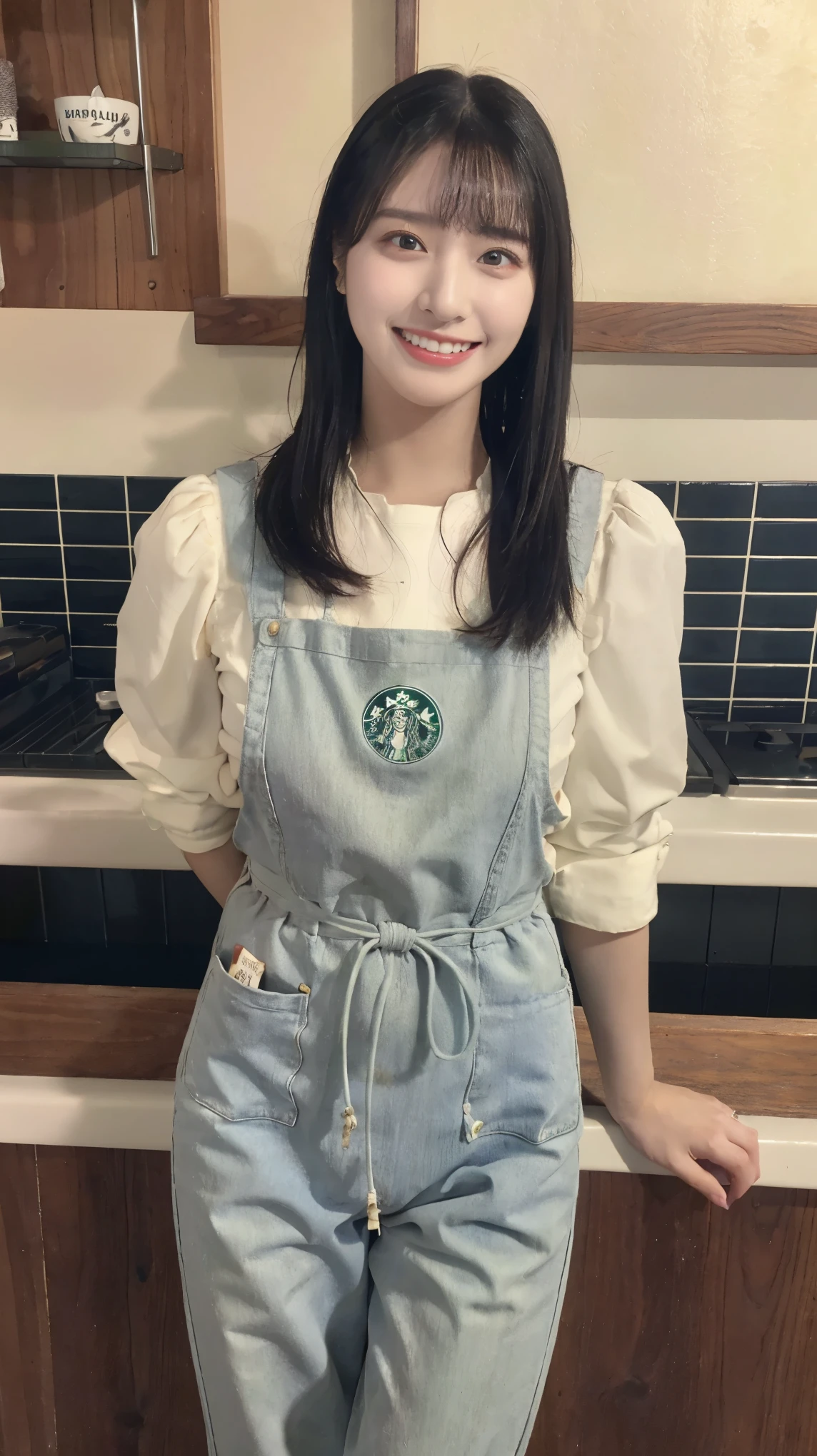 Very detailed、(8k、Highest quality、masterpiece:1.2)、(realism、Realistic:1.37)、Ultra-high resolution、Detailed face、(Highest quality)、(masterpiece)、 age 23、real Black Hair:1.5、sleek long hair、straight hair、ducktail hair:1.5、Blunt bangs、swept bangs、double、(double teeth:1.5)、fair skin、squinched eyes、cold eyes、tsurime、smile、refreshing、Natural Makeup、Super-Ultra-realistic、high quality、Starbucks、ribbed knit and apron、skinny pants、Mole、Starbucks Employee、Brewing coffee、stylish、Height 150cm three size: 82.57.79