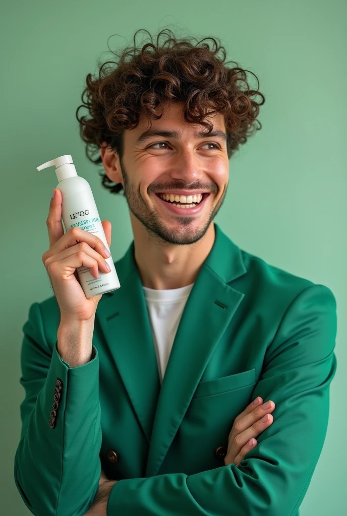 "a happy white man, with lots of hair and with a smooth curl and very short hair length, is wearing a green suit. He is playing with his hair with one hand, and with the other he is showing a hair product the image shows his entire body.
