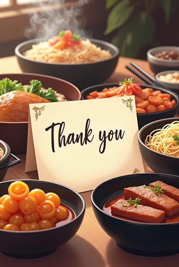 Thank you note with korean samgyupsal and korean noodles in the background anime
