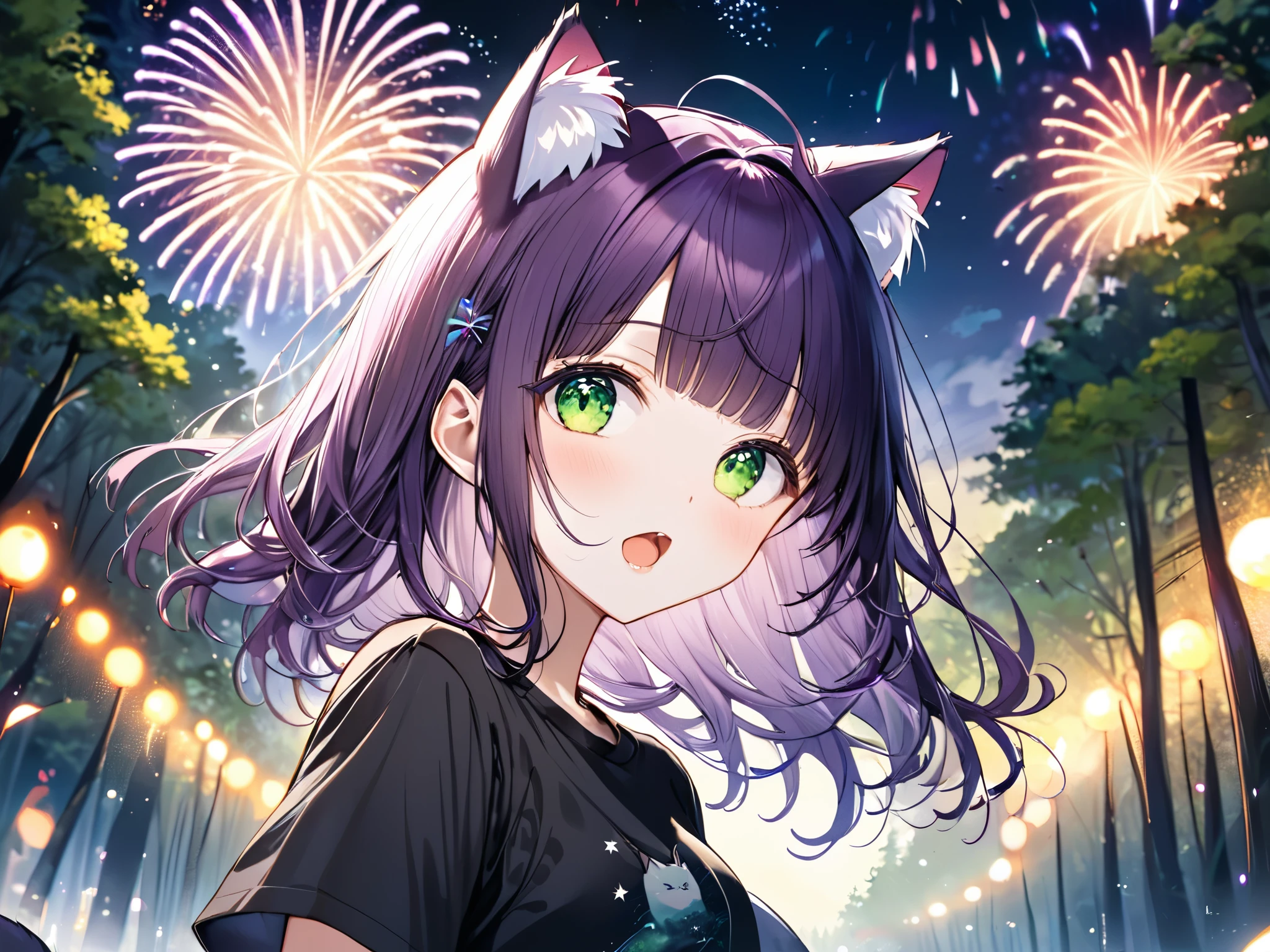 (masterpiece), best quality, expressive eyes, perfect face, solo, , cat ears,
long hair, wavy hair, blunt bangs, purple hair, green eyes, flat chest, black t-shirt, open mouth, short sleeves,
forest, night, fireworks,