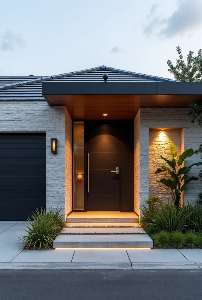 Create an image of a house wall following ALL the following information, Por favor:
1. The wall must be 20 meters long/length;
2. The wall must contain two entrances to the house: the first after the first 3.05 meters (it will be a large garage door) and the second will be 1.50 meters after the first (será uma small door para entrada de pessoas). In this "small door" should contain a beautiful, sophisticated and minimalist detail: two small steps that are like one "pathway" to the door. Small in the sense of not being tall, only a slight relief, mas no quesito length fica ao seu bom gosto;
3. This wall should have a contemporary Brazilian style in its architecture with a touch of modernity., proto, a facade with personality 4. Add stones (Cariri stone style) + plants, in an authentic and sophisticated way and pay close attention to the lighting 4.5 If you do not consider the information to be exaggerated, Some part of the wall may contain a detail of a small recess with a beautiful vase inserted in this recess..
4.6 Finally, the sidewalk should be charming and remember that the house is on the ground floor!