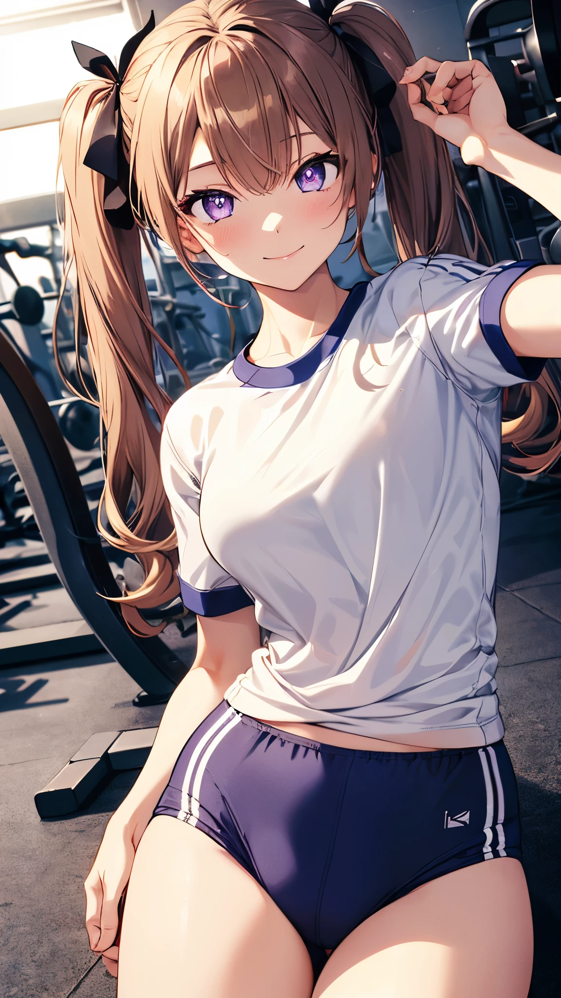 aizawatomomi,smile,1girl, soro, purple_eyes, brown_hair, twintails, long_hair, bangs, hair_ribbon,(white gym shirt, short sleeve,gym uniform,dark blue buruma:1.3), masterpiece,Noise Reduction,perfect anatomy,high resolution, ultra-detailed, ultra-detailed face,game cg,dutch angle ,beautiful detailed eyes,visualart,five fingers, perfect hands, perfect lighting, sparkling pupils,