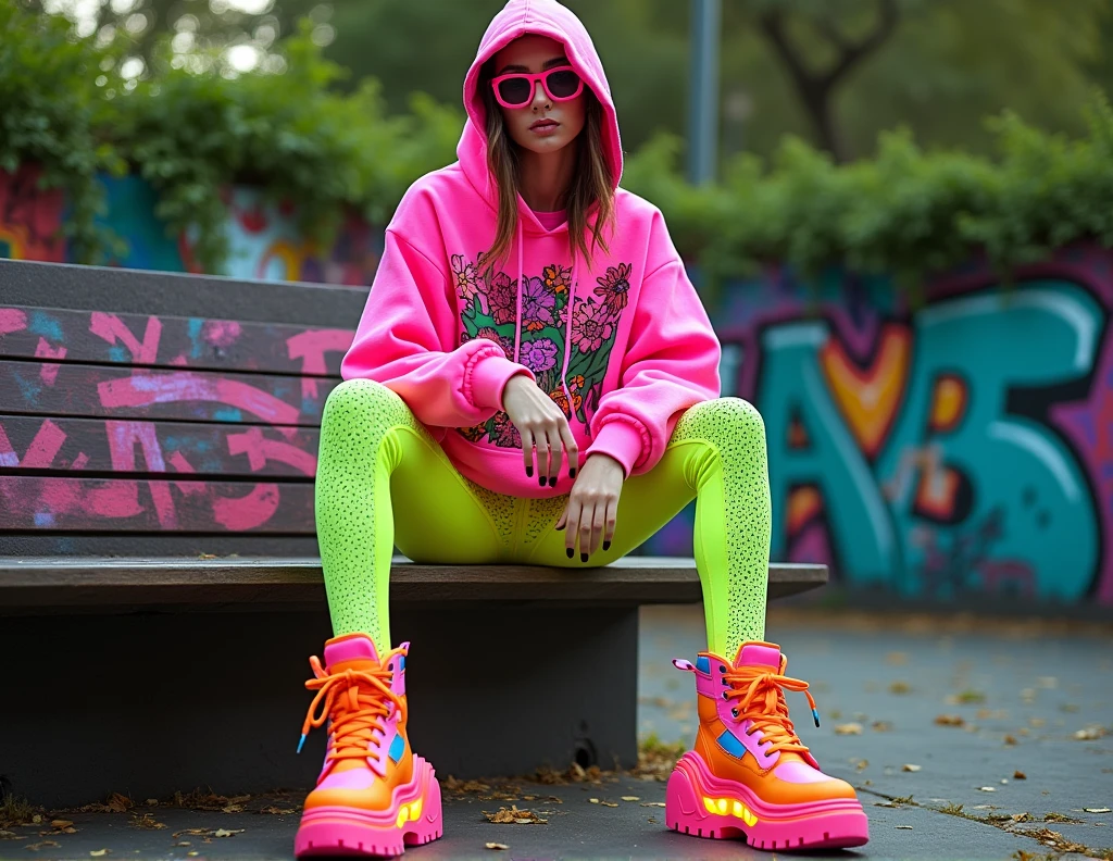 {Photorealistic Instagram photo capturing a bold, colorful fashion statement} in a lush green park, contrasting with urban graffiti walls in the background. The model sports a {vibrant, neon-pink oversized hoodie made from organic cotton}, adorned with {eco-friendly ink graffiti-style designs of plants and flowers}, with {detachable sleeves for versatility}. Paired with {slim-fit, biodegradable leggings in bright neon-green}, featuring a {high sheen and a circuit board pattern for a techy look}. The footwear includes {chunky, neon-orange boots with thick recycled rubber soles}, equipped with {LED lights that flash in rainbow colors}. The accessories comprise {oversized, circular sunglasses with pink-tinted lenses} and a {translucent, recycled plastic waist bag that reflects colors in the light}. The model is {seated on a graffiti-covered bench}, leaning back casually with one foot on the ground and the other on the bench. Editing involves a {soft glow effect to emphasize the neon tones}, and {increased saturation to make the outfit stand out against the natural backdrop}. The setting is a harmonious blend of {urban graffiti and lush greenery}, highlighting the {fusion of sustainability and street fashion}. {High-resolution, vibrant neon colors, gentle lighting}.