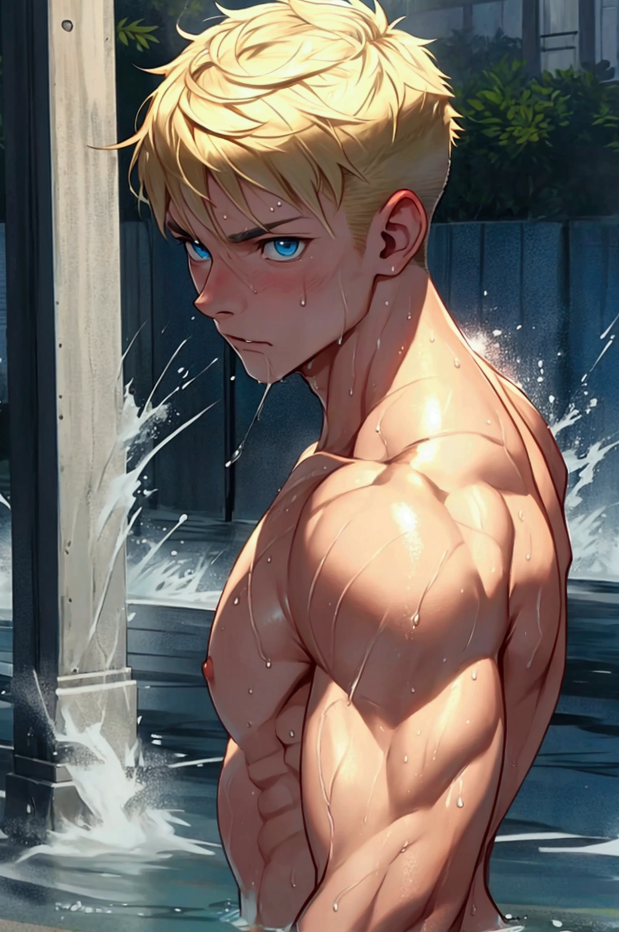 A young, muscular man in his 20s、Blue Eyes、Blonde、Short Hair、Sports haircut、Perfect body、Embarrassed face、Swimmers、Dripping Sweat、Your body is wet