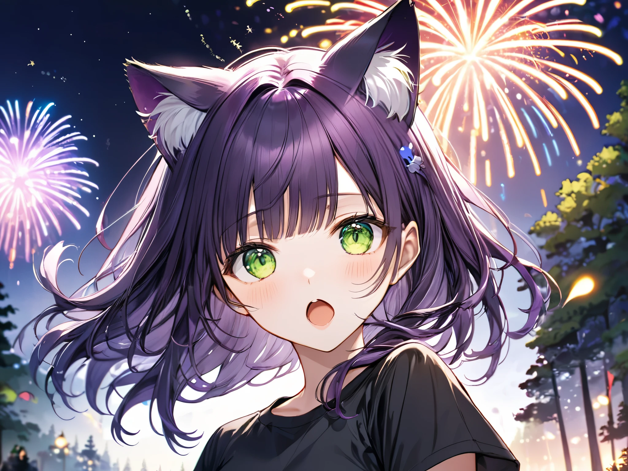 (masterpiece), best quality, expressive eyes, perfect face, solo, , cat ears,
long hair, wavy hair, blunt bangs, purple hair, green eyes, flat chest, black t-shirt, open mouth, short sleeves, 
forest, night, fireworks,