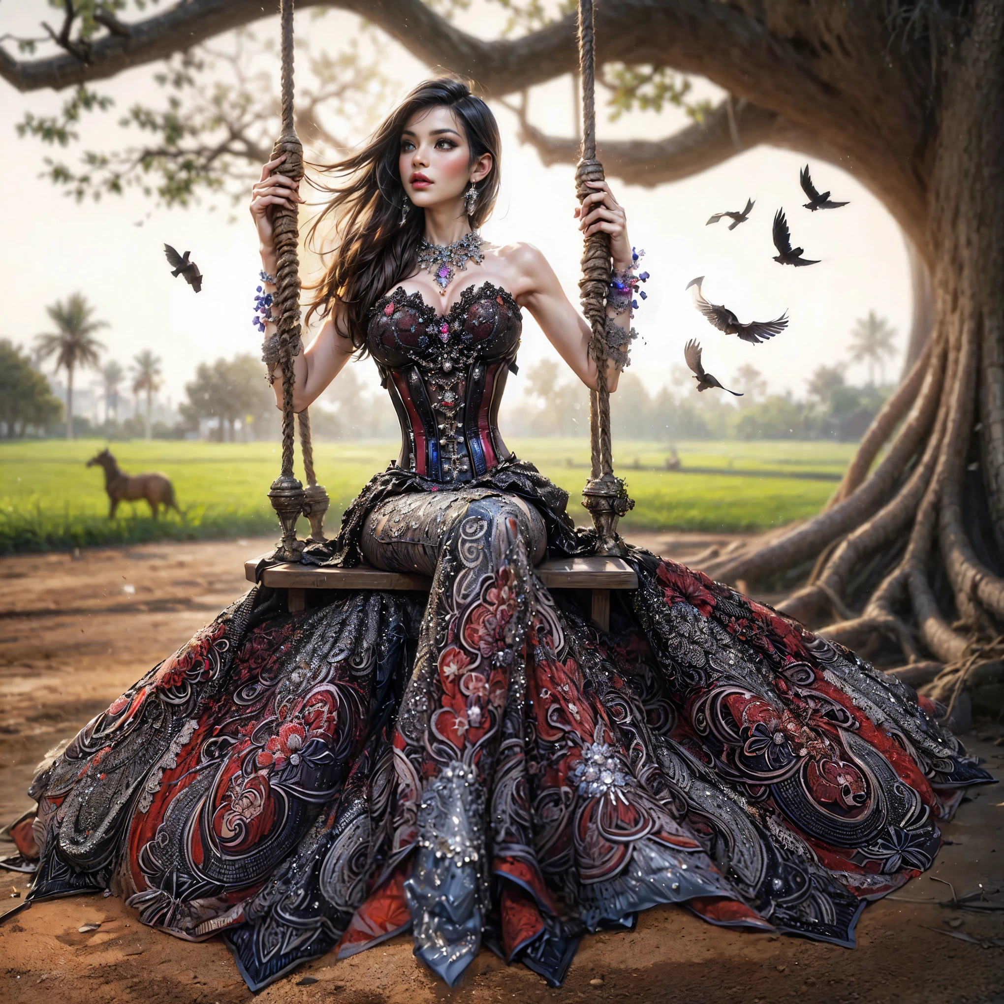 (Extreme HDR) (brightness FX) Photo of an asian woman gigantic Breast 'white skin' with long hair flowing in the wind, wearing a black batik patterned costume, a V-cut strapless corset style batik dress made of carbon patterned satin, a very narrow and stiff V-cut waist decorated with blue jewels, a luxurious long skirt, looks beautiful and stunning, very realistic and detailed, with a royal palace in the background, sitting on a boat, behind it is a blue moon. hyper realistic, hyper detail clothing, Detailed gemstones, masterpiece, best quality:1.2),,(8k,highres,RAW photo,realistic,photo-realistic:1.3),(detailed skin texture,detailed cloth texture, beautiful detailed face:1.25),professional lighting,photon mapping,beautiful soft light,radiosity,physically-based rendering,raytracing, model shoot style, model shoot style, (extremely detailed CG unity 8k wallpaper), full shot body photo of the most beautiful artwork in the world (NSFW), (Nude), (Naked), (carbon fiber corset) (green veiny breast) (steampunk corset) (glowing dress) (blue moon) (cloud) 