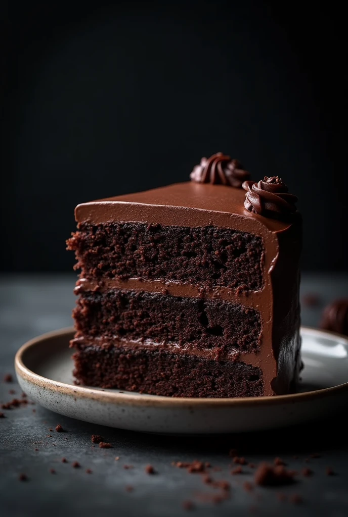 cinematic film still chocolate, chocolate cake, dark background, quality photo, moist texture, frosting, studio photo, slice . shallow depth of field, vignette, highly detailed, high budget, bokeh, cinemascope, moody, epic, gorgeous, film grain, grainy