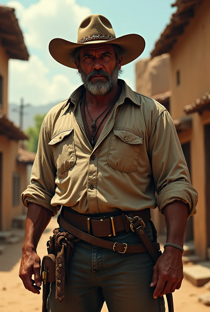 Man with a bad face, medium build and strong look, age 40 years old, wearing Mexican clothing 