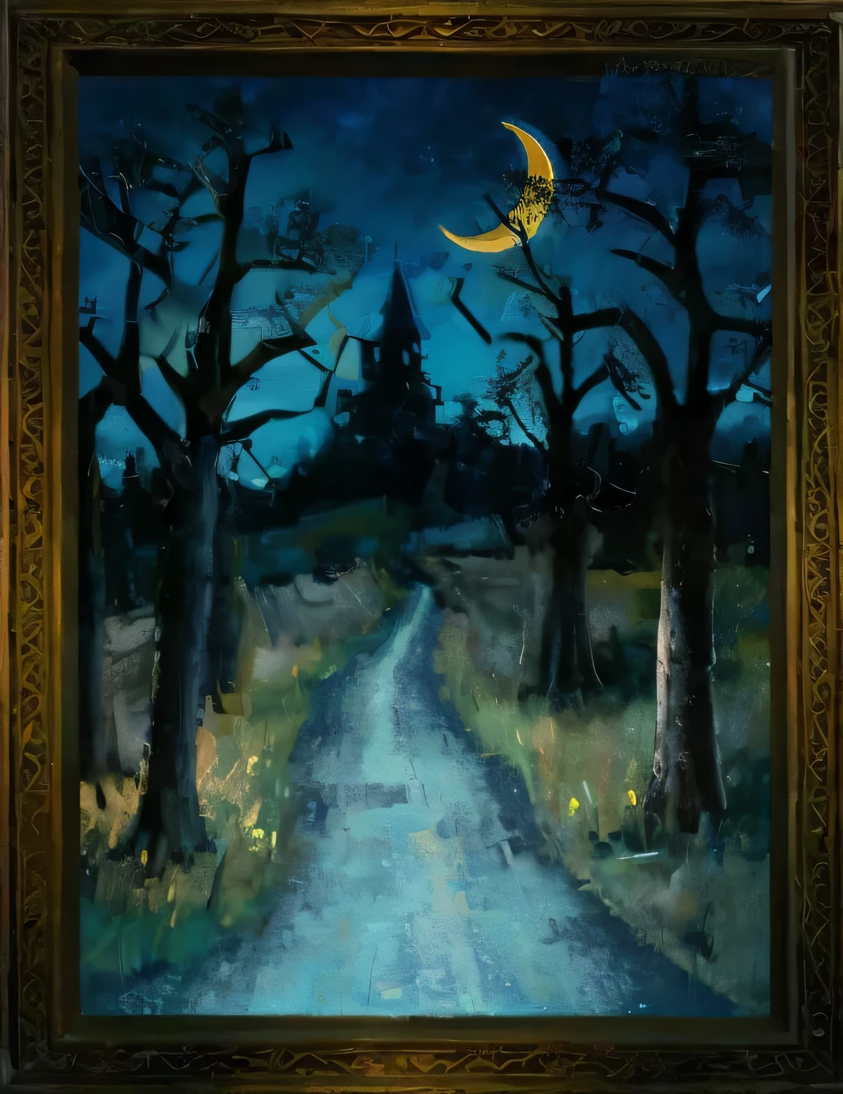 An masterpiece, glowing, oil painting, palette knife thick brushstrokes, of a dark dense forest, bare tree. barren tree, pathway into a castle, dark blue skies, yellow hay field grass, crescent moon in the sky