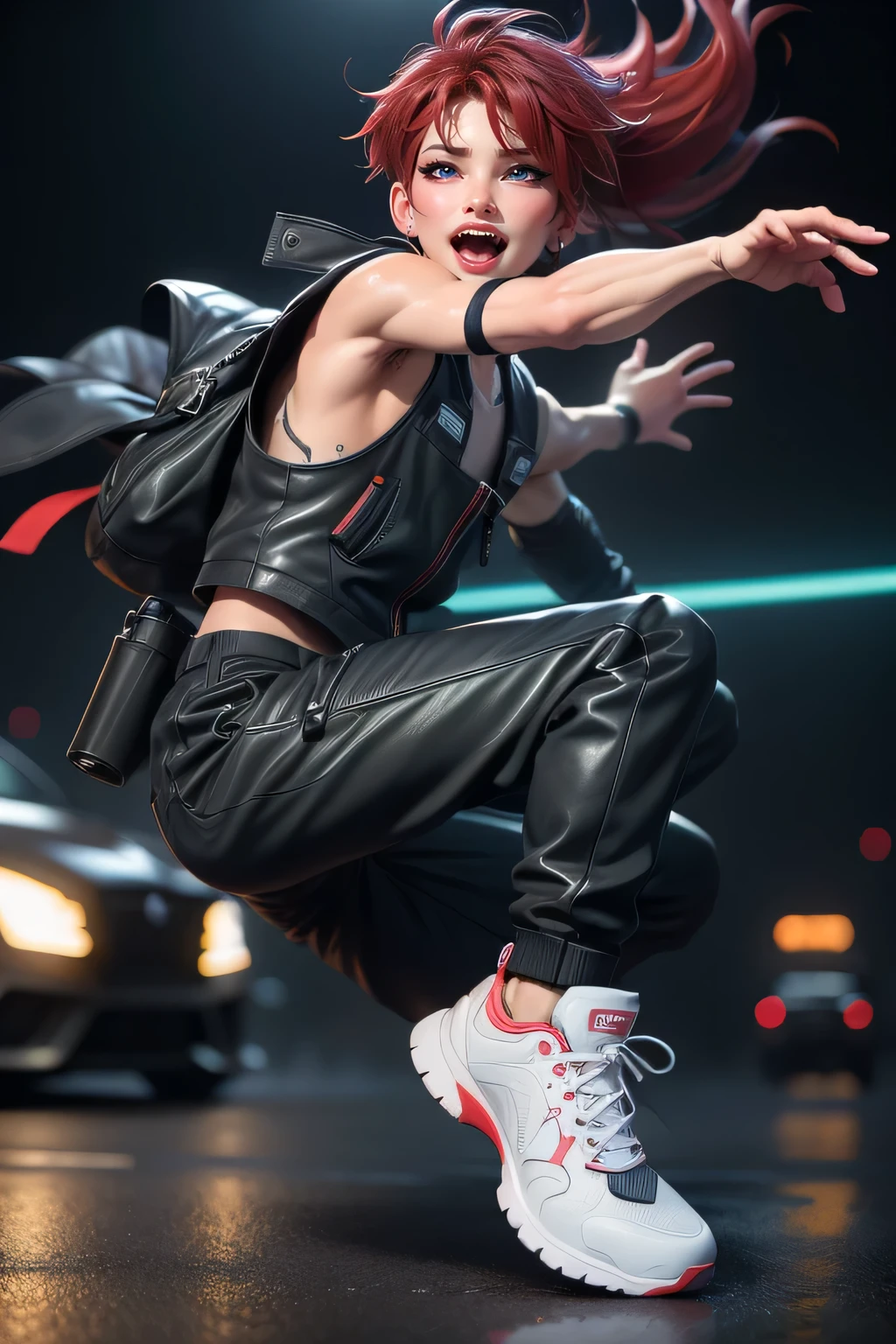 1boy, Dancer、Artistic jump、break dance、Strenuous movements、vibrancy、cyberpunk style、Blade Runner vibe、Steam flows from exhaust outlets on the road surface、The road surface is wet、solo、Fluttering hair、handsome male、a small face、white skinned、hason、young 、Bright smile、half-open mouth、White teeth are visible、(Gradient of black-red hair、Long messy hair)、(cargo pants、vests、White sneakers)、(delicate detailed fingers、Detailed body、detailed arms、human hand)、(Detailed face) 、(8k、top-quality: 1.4、tmasterpiece、 hyper HD、 Top resolution,、The is very detailed、 profesional lighting、 Gray light illumination、low angle from below、Blow steam into the landscape、Fog in the landscape、Foggy.