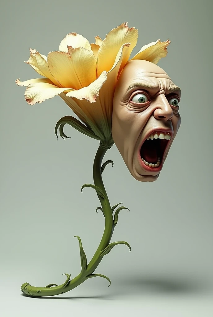 Create a wilting flower so that the stem arches to the ground as if the flower is falling backwards. But let the flower have a face of extreme terror and look up in profile while bending over on its back.