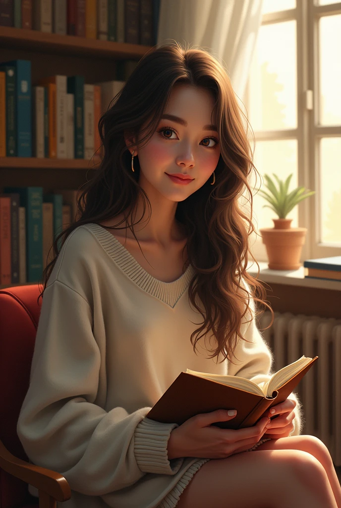 A portrait of a young woman with a shy and introverted demeanor, sitting in a cozy room filled with books and sketchpads. She has long, flowing hair and is wearing a comfy sweater. The lighting is soft and warm, casting a gentle glow on her face. She’s holding a book in one hand and a pencil in the other, with a faint, thoughtful smile. The background shows a window with soft sunlight streaming in, adding a peaceful vibe to the scene.